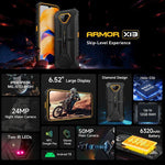 Ulefone Armor X13, robustes Smartphone (IP68/IP69K), 6,52 Zoll, Android 15, MediaTek Helio G36 Octa-Core-Prozessor, Netzwerk: 4G, NFC, OTG, 6 GB + 64 GB