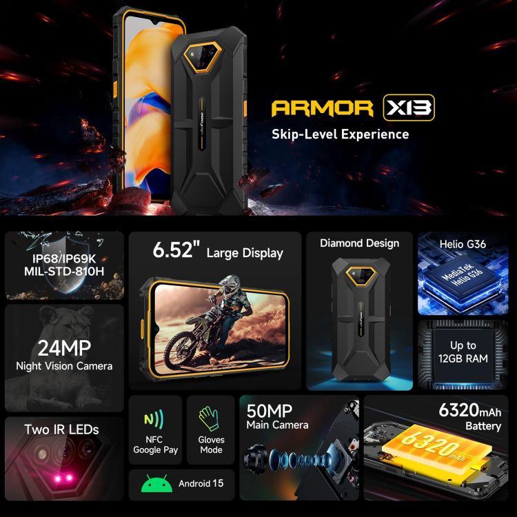 Ulefone Armor X13, robustes Smartphone (IP68/IP69K), 6,52 Zoll, Android 15, MediaTek Helio G36 Octa-Core-Prozessor, Netzwerk: 4G, NFC, OTG, 6 GB + 64 GB