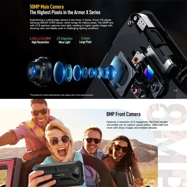 Ulefone Armor X13, robustes Smartphone (IP68/IP69K), 6,52 Zoll, Android 15, MediaTek Helio G36 Octa-Core-Prozessor, Netzwerk: 4G, NFC, OTG, 6 GB + 64 GB
