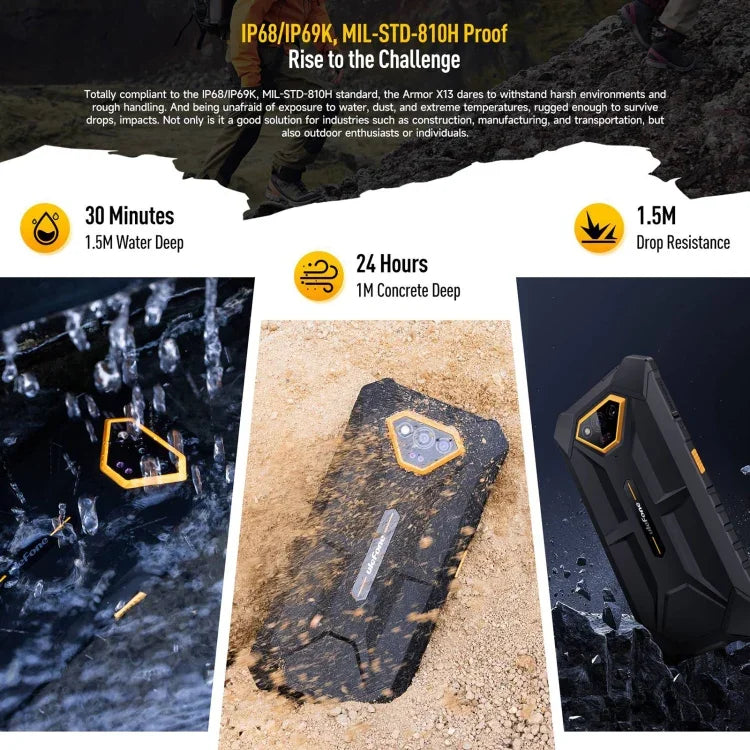 Ulefone Armor X13, robustes Smartphone (IP68/IP69K), 6,52 Zoll, Android 15, MediaTek Helio G36 Octa-Core-Prozessor, Netzwerk: 4G, NFC, OTG, 6 GB + 64 GB