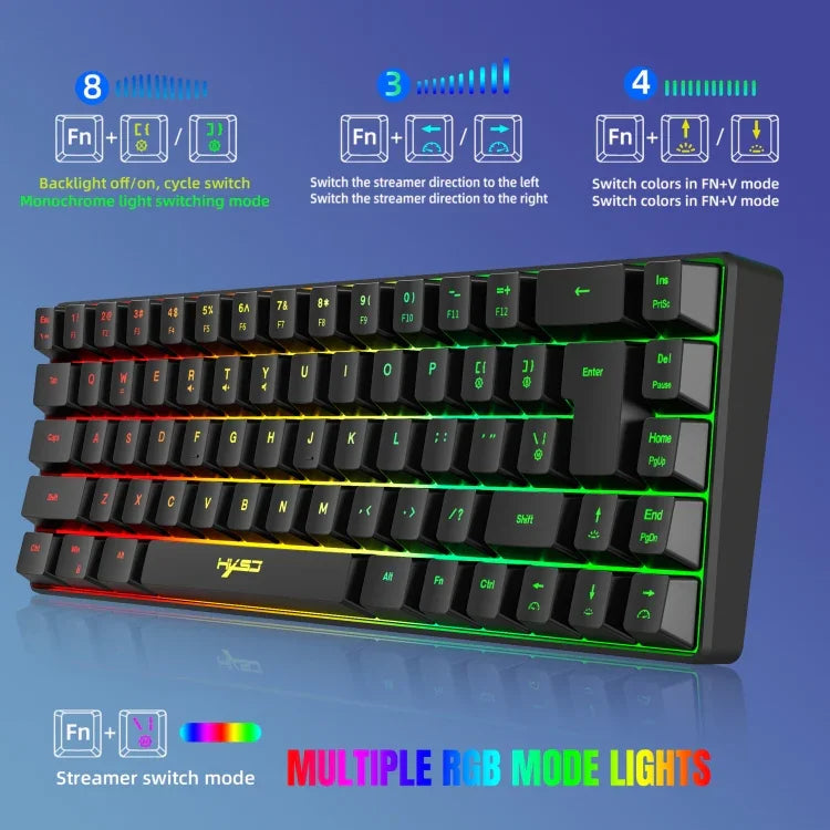 HXSJ V200 Kabelgebundene mechanische RGB-Tastatur mit Hintergrundbeleuchtung, 68 Tastenkappen, Kabellänge: 1,7 m, V200 Schwarz, V200 Weiß