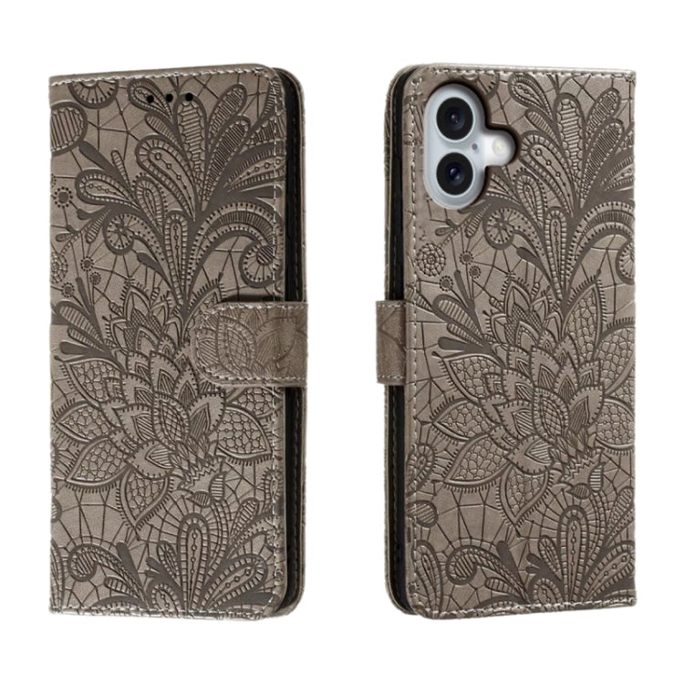 Klappbare Leder-Handyhülle mit Spitzenblumenprägung, Für iPhone 17e / 16e, Für iPhone 17 Pro Max, Für iPhone 17 Pro, Für iPhone 17, Für iPhone Air, Für iPhone 16 Pro Max, Für iPhone 16 Pro, Für iPhone 16 Plus