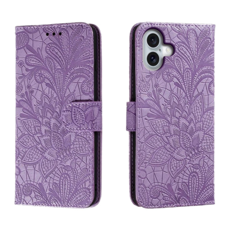 Klappbare Leder-Handyhülle mit Spitzenblumenprägung, Für iPhone 17e / 16e, Für iPhone 17 Pro Max, Für iPhone 17 Pro, Für iPhone 17, Für iPhone Air, Für iPhone 16 Pro Max, Für iPhone 16 Pro, Für iPhone 16 Plus