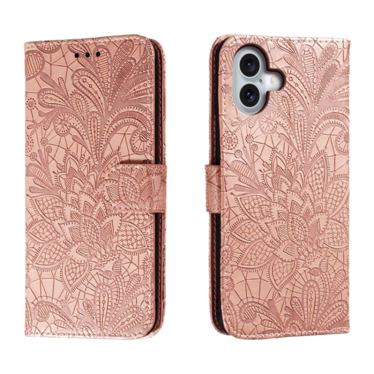 Klappbare Leder-Handyhülle mit Spitzenblumenprägung, Für iPhone 17e / 16e, Für iPhone 17 Pro Max, Für iPhone 17 Pro, Für iPhone 17, Für iPhone Air, Für iPhone 16 Pro Max, Für iPhone 16 Pro, Für iPhone 16 Plus