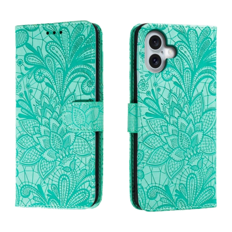 Klappbare Leder-Handyhülle mit Spitzenblumenprägung, Für iPhone 17e / 16e, Für iPhone 17 Pro Max, Für iPhone 17 Pro, Für iPhone 17, Für iPhone Air, Für iPhone 16 Pro Max, Für iPhone 16 Pro, Für iPhone 16 Plus