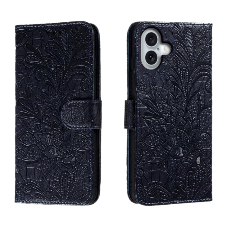 Klappbare Leder-Handyhülle mit Spitzenblumenprägung, Für iPhone 17e / 16e, Für iPhone 17 Pro Max, Für iPhone 17 Pro, Für iPhone 17, Für iPhone Air, Für iPhone 16 Pro Max, Für iPhone 16 Pro, Für iPhone 16 Plus