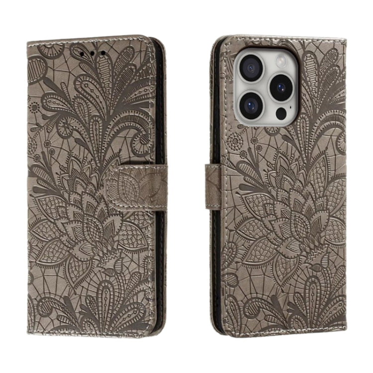 Klappbare Leder-Handyhülle mit Spitzenblumenprägung, Für iPhone 17e / 16e, Für iPhone 17 Pro Max, Für iPhone 17 Pro, Für iPhone 17, Für iPhone Air, Für iPhone 16 Pro Max, Für iPhone 16 Pro, Für iPhone 16 Plus