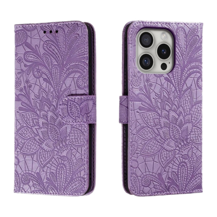 Klappbare Leder-Handyhülle mit Spitzenblumenprägung, Für iPhone 17e / 16e, Für iPhone 17 Pro Max, Für iPhone 17 Pro, Für iPhone 17, Für iPhone Air, Für iPhone 16 Pro Max, Für iPhone 16 Pro, Für iPhone 16 Plus