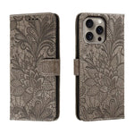 Klappbare Leder-Handyhülle mit Spitzenblumenprägung, Für iPhone 17e / 16e, Für iPhone 17 Pro Max, Für iPhone 17 Pro, Für iPhone 17, Für iPhone Air, Für iPhone 16 Pro Max, Für iPhone 16 Pro, Für iPhone 16 Plus