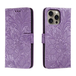Klappbare Leder-Handyhülle mit Spitzenblumenprägung, Für iPhone 17e / 16e, Für iPhone 17 Pro Max, Für iPhone 17 Pro, Für iPhone 17, Für iPhone Air, Für iPhone 16 Pro Max, Für iPhone 16 Pro, Für iPhone 16 Plus