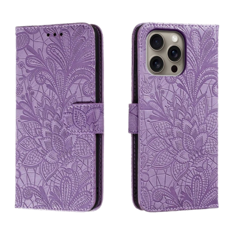 Klappbare Leder-Handyhülle mit Spitzenblumenprägung, Für iPhone 17e / 16e, Für iPhone 17 Pro Max, Für iPhone 17 Pro, Für iPhone 17, Für iPhone Air, Für iPhone 16 Pro Max, Für iPhone 16 Pro, Für iPhone 16 Plus