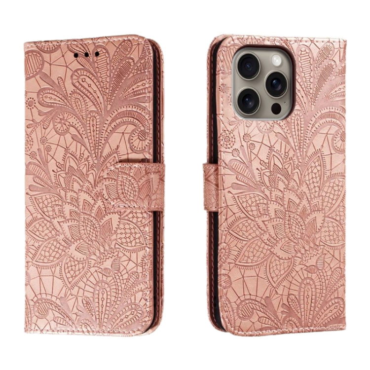Klappbare Leder-Handyhülle mit Spitzenblumenprägung, Für iPhone 17e / 16e, Für iPhone 17 Pro Max, Für iPhone 17 Pro, Für iPhone 17, Für iPhone Air, Für iPhone 16 Pro Max, Für iPhone 16 Pro, Für iPhone 16 Plus