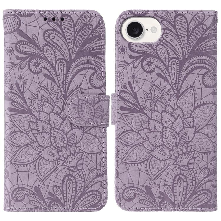 Klappbare Leder-Handyhülle mit Spitzenblumenprägung, Für iPhone 17e / 16e, Für iPhone 17 Pro Max, Für iPhone 17 Pro, Für iPhone 17, Für iPhone Air, Für iPhone 16 Pro Max, Für iPhone 16 Pro, Für iPhone 16 Plus