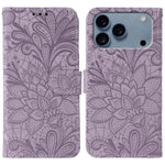 Klappbare Leder-Handyhülle mit Spitzenblumenprägung, Für iPhone 17e / 16e, Für iPhone 17 Pro Max, Für iPhone 17 Pro, Für iPhone 17, Für iPhone Air, Für iPhone 16 Pro Max, Für iPhone 16 Pro, Für iPhone 16 Plus