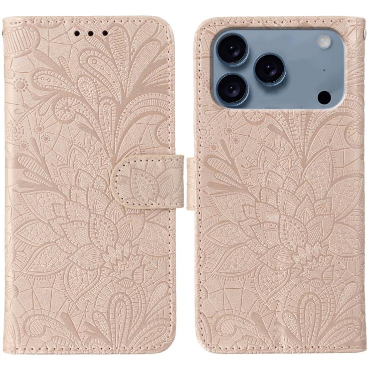 Klappbare Leder-Handyhülle mit Spitzenblumenprägung, Für iPhone 17e / 16e, Für iPhone 17 Pro Max, Für iPhone 17 Pro, Für iPhone 17, Für iPhone Air, Für iPhone 16 Pro Max, Für iPhone 16 Pro, Für iPhone 16 Plus