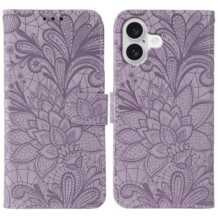 Klappbare Leder-Handyhülle mit Spitzenblumenprägung, Für iPhone 17e / 16e, Für iPhone 17 Pro Max, Für iPhone 17 Pro, Für iPhone 17, Für iPhone Air, Für iPhone 16 Pro Max, Für iPhone 16 Pro, Für iPhone 16 Plus