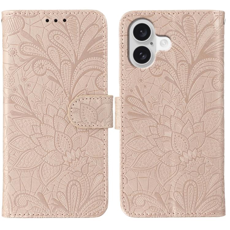 Klappbare Leder-Handyhülle mit Spitzenblumenprägung, Für iPhone 17e / 16e, Für iPhone 17 Pro Max, Für iPhone 17 Pro, Für iPhone 17, Für iPhone Air, Für iPhone 16 Pro Max, Für iPhone 16 Pro, Für iPhone 16 Plus