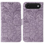 Klappbare Leder-Handyhülle mit Spitzenblumenprägung, Für iPhone 17e / 16e, Für iPhone 17 Pro Max, Für iPhone 17 Pro, Für iPhone 17, Für iPhone Air, Für iPhone 16 Pro Max, Für iPhone 16 Pro, Für iPhone 16 Plus