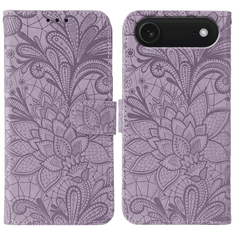 Klappbare Leder-Handyhülle mit Spitzenblumenprägung, Für iPhone 17e / 16e, Für iPhone 17 Pro Max, Für iPhone 17 Pro, Für iPhone 17, Für iPhone Air, Für iPhone 16 Pro Max, Für iPhone 16 Pro, Für iPhone 16 Plus