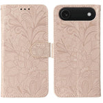 Klappbare Leder-Handyhülle mit Spitzenblumenprägung, Für iPhone 17e / 16e, Für iPhone 17 Pro Max, Für iPhone 17 Pro, Für iPhone 17, Für iPhone Air, Für iPhone 16 Pro Max, Für iPhone 16 Pro, Für iPhone 16 Plus