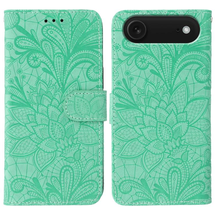Klappbare Leder-Handyhülle mit Spitzenblumenprägung, Für iPhone 17e / 16e, Für iPhone 17 Pro Max, Für iPhone 17 Pro, Für iPhone 17, Für iPhone Air, Für iPhone 16 Pro Max, Für iPhone 16 Pro, Für iPhone 16 Plus