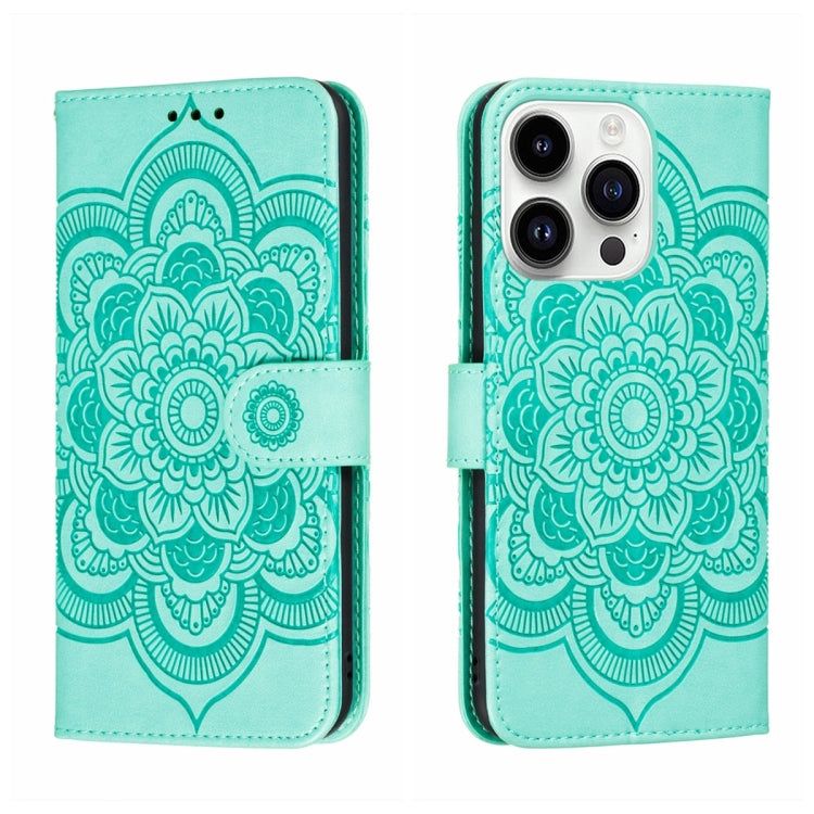 Leder-Handyhülle mit Sonnenmandala-Prägung, Für iPhone 16e / 17e, Für iPhone 17 Pro Max, Für iPhone 17 Pro, Für iPhone 17, Für iPhone Air, Für iPhone 15 Pro Max
