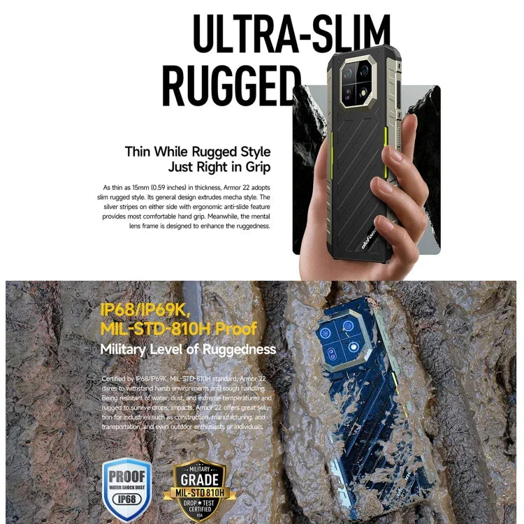 Ulefone Armor 22, robustes Smartphone (IP68/IP69K), 6,58 Zoll, Android 15, MediaTek Helio G96 Octa-Core-Prozessor, Netzwerk: 4G, NFC, OTG, 8 GB + 128 GB, 8 GB + 256 GB