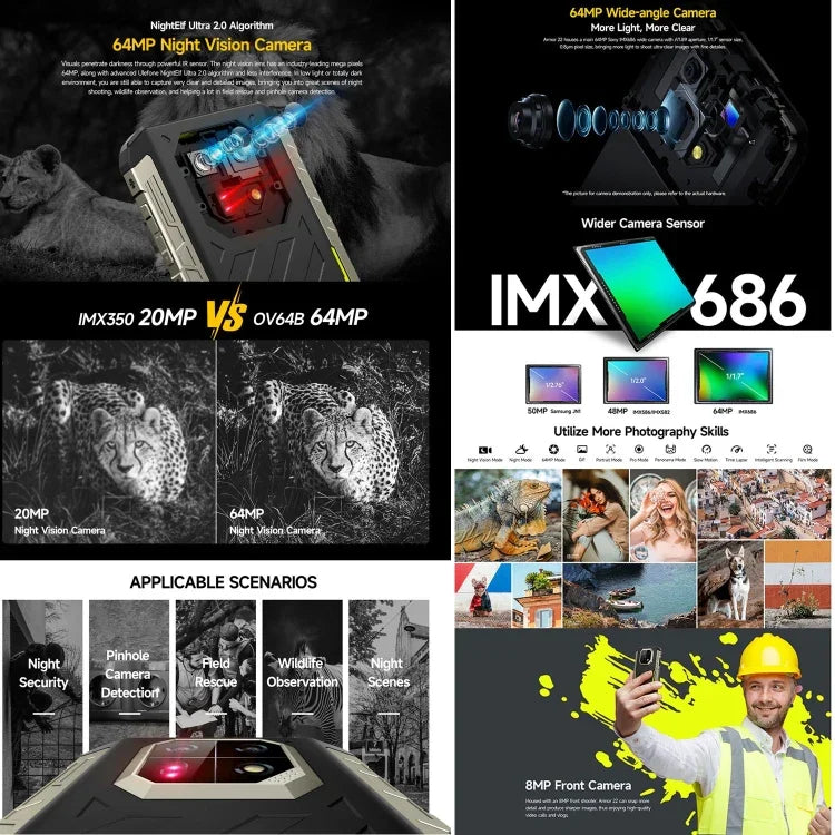 Ulefone Armor 22, robustes Smartphone (IP68/IP69K), 6,58 Zoll, Android 15, MediaTek Helio G96 Octa-Core-Prozessor, Netzwerk: 4G, NFC, OTG, 8 GB + 128 GB, 8 GB + 256 GB