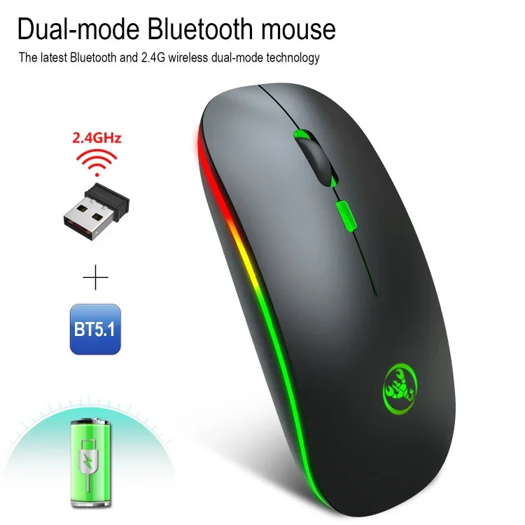 HXSJ T18 2,4 GHz 1600 dpi Dual-Modus-Funkmaus mit Beleuchtung, USB + Bluetooth 5.1, wiederaufladbar