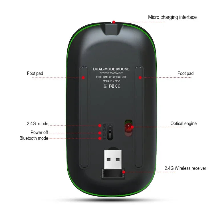 HXSJ T18 2,4 GHz 1600 dpi Dual-Modus-Funkmaus mit Beleuchtung, USB + Bluetooth 5.1, wiederaufladbar
