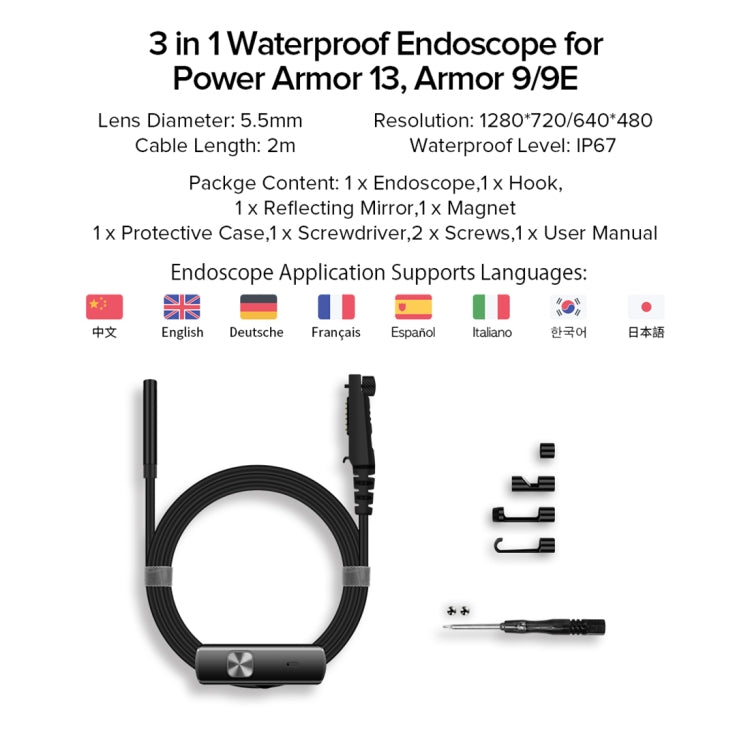 Ulefone Endoskop E1 IP67 wasserdicht 3-in-1 Endoskop für Ulefone Power Armor 21 / 19 / 18T / 16 Pro / 13 / Armor Pad, uSmart E1