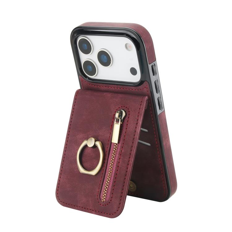 Retro-Ring- und Reißverschluss-RFID-Kartensteckplatz-Handyhülle, für iPhone 17e / 16e, für iPhone 17 Pro Max, für iPhone 17 Pro, für iPhone 17, für iPhone Air, für iPhone 16 Pro Max