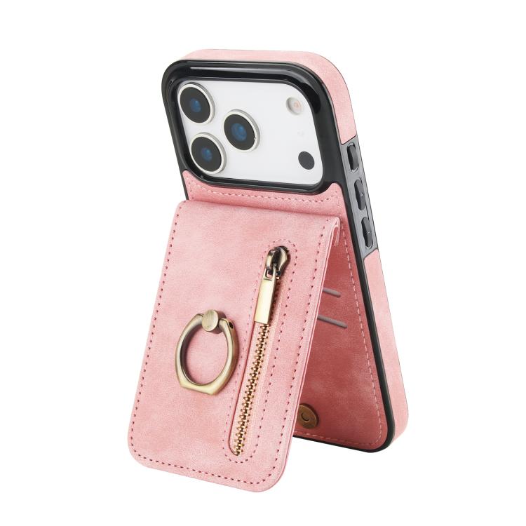 Retro-Ring- und Reißverschluss-RFID-Kartensteckplatz-Handyhülle, für iPhone 17e / 16e, für iPhone 17 Pro Max, für iPhone 17 Pro, für iPhone 17, für iPhone Air, für iPhone 16 Pro Max