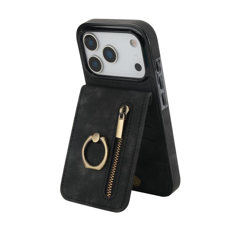 Retro-Ring- und Reißverschluss-RFID-Kartensteckplatz-Handyhülle, für iPhone 17e / 16e, für iPhone 17 Pro Max, für iPhone 17 Pro, für iPhone 17, für iPhone Air, für iPhone 16 Pro Max