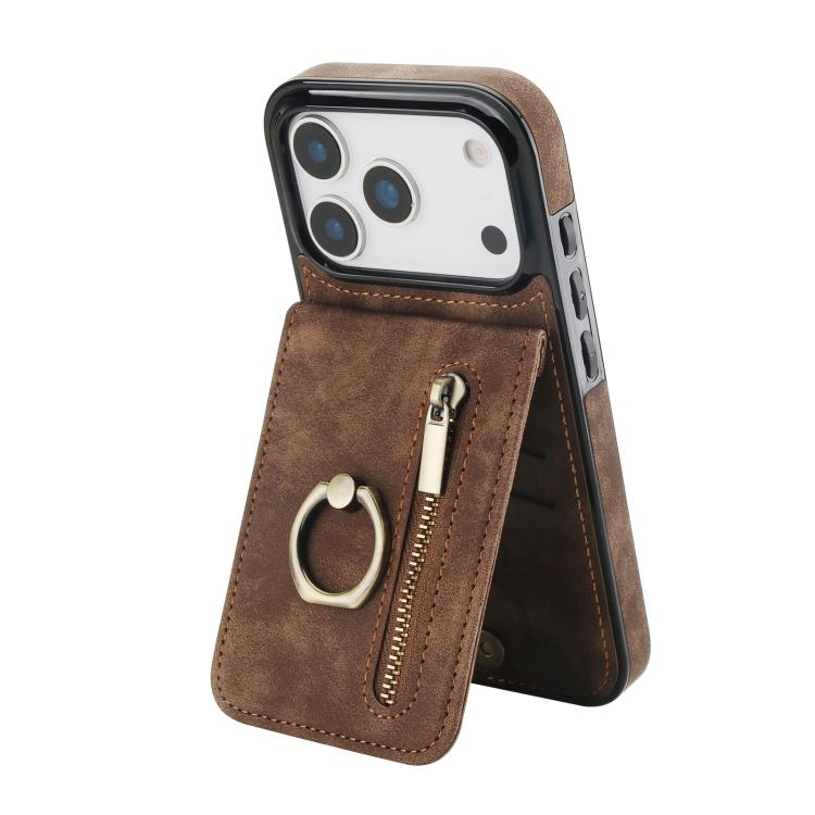 Retro-Ring- und Reißverschluss-RFID-Kartensteckplatz-Handyhülle, für iPhone 17e / 16e, für iPhone 17 Pro Max, für iPhone 17 Pro, für iPhone 17, für iPhone Air, für iPhone 16 Pro Max