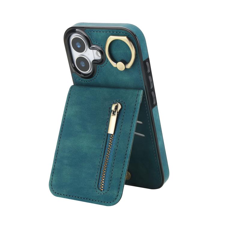 Retro-Ring- und Reißverschluss-RFID-Kartensteckplatz-Handyhülle, für iPhone 17e / 16e, für iPhone 17 Pro Max, für iPhone 17 Pro, für iPhone 17, für iPhone Air, für iPhone 16 Pro Max