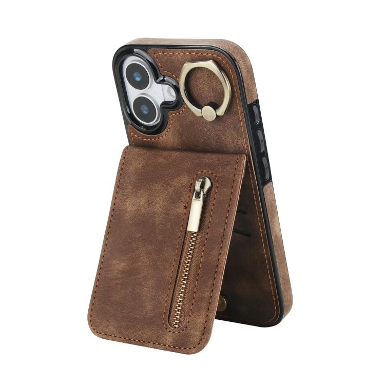 Retro-Ring- und Reißverschluss-RFID-Kartensteckplatz-Handyhülle, für iPhone 17e / 16e, für iPhone 17 Pro Max, für iPhone 17 Pro, für iPhone 17, für iPhone Air, für iPhone 16 Pro Max