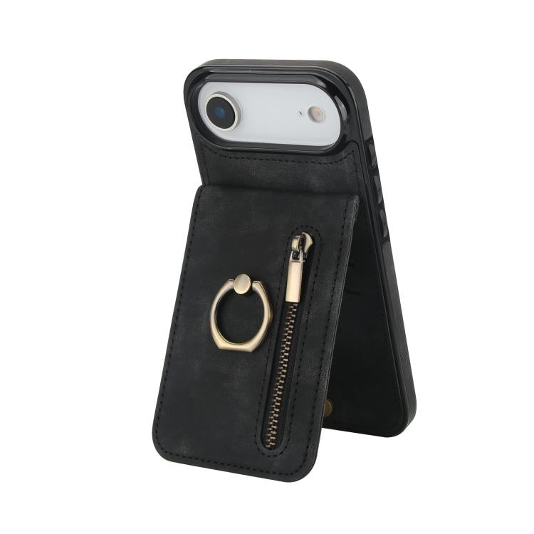 Retro-Ring- und Reißverschluss-RFID-Kartensteckplatz-Handyhülle, für iPhone 17e / 16e, für iPhone 17 Pro Max, für iPhone 17 Pro, für iPhone 17, für iPhone Air, für iPhone 16 Pro Max