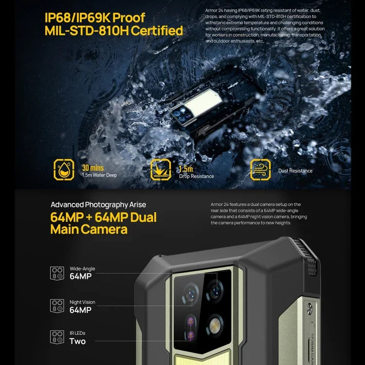 Ulefone Armor 24, robustes Smartphone, seitlicher Fingerabdrucksensor, 22.000 mAh Akku, 6,78 Zoll Display, Android 14, MediaTek Helio G96 Octa-Core-Prozessor, Netzwerk: 4G, NFC, Armor 24