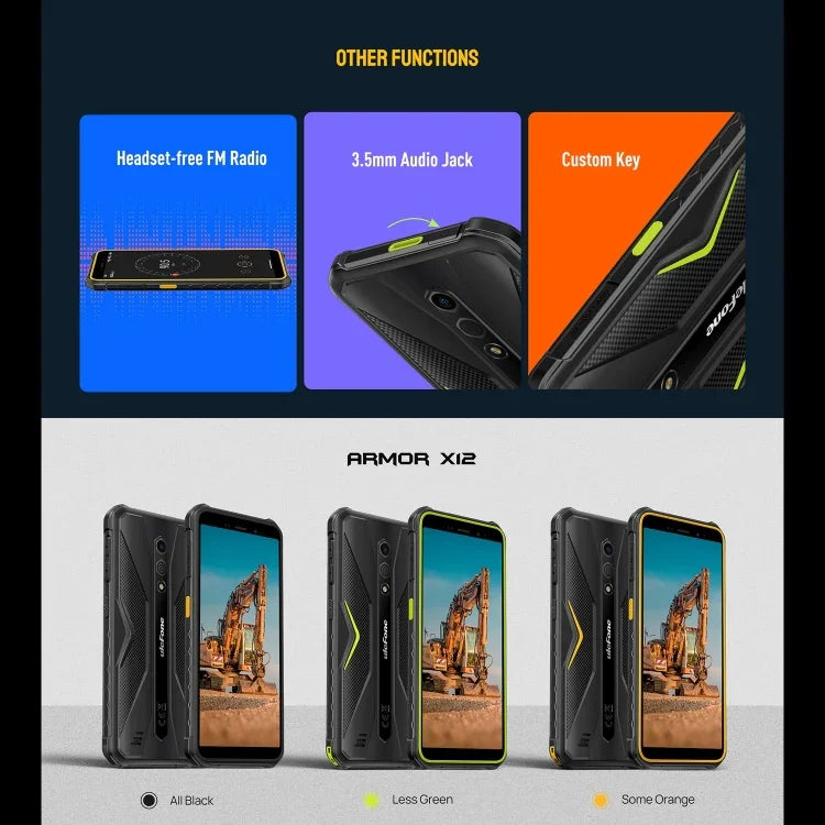 Ulefone Armor X12, robustes Smartphone, Gesichtserkennung, 5,45 Zoll, Android 13 Go, MediaTek Helio A22 Quad-Core-Prozessor, Netzwerk: 4G, NFC, 3 GB RAM + 32 GB Speicher