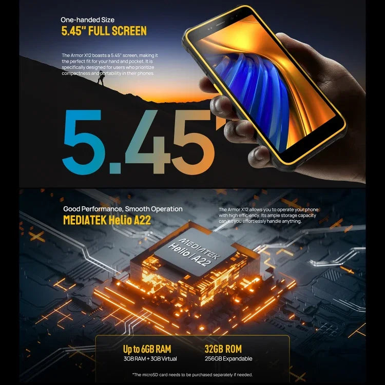 Ulefone Armor X12, robustes Smartphone, Gesichtserkennung, 5,45 Zoll, Android 13 Go, MediaTek Helio A22 Quad-Core-Prozessor, Netzwerk: 4G, NFC, 3 GB RAM + 32 GB Speicher