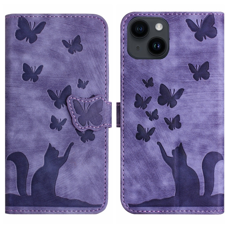 Schmetterling Katze Prägung Flip Leder Handyhülle, Für iPhone 14, Für iPhone 14 Pro, Für iPhone 14 Pro Max, Für iPhone SE 2022 / 2020 / 8 / 7, Für iPhone 13 Pro Max, Für iPhone 13 Pro, Für iPhone 13, Für iPhone 13 mini, Für iPhone 12 / 12 Pro