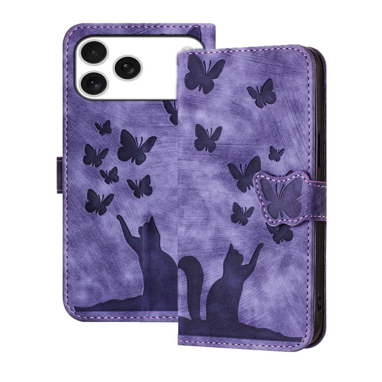 Schmetterling Katze Prägung Flip Leder Handyhülle, Für iPhone 17 Pro Max, Für iPhone 17 Pro, Für iPhone 17, Für iPhone Air, Für iPhone 15 Pro Max, Für iPhone 15 Pro, Für iPhone 15 Plus, Für iPhone 15, Für iPhone 14 Plus