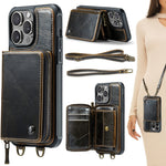 JEEHOOD C22 Serie Reißverschluss-Brieftasche Leder Handyhülle mit doppelter Umhängeschnur, für iPhone 17 Pro Max, für iPhone 17 Pro, für iPhone Air, für iPhone 16 Pro Max, für iPhone 16 Pro, für iPhone 16 Plus, für iPhone 16, für iPhone 15 Pro Max