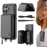 JEEHOOD C22 Serie Reißverschluss-Brieftasche Leder Handyhülle mit doppelter Umhängeschnur, für iPhone 17 Pro Max, für iPhone 17 Pro, für iPhone Air, für iPhone 16 Pro Max, für iPhone 16 Pro, für iPhone 16 Plus, für iPhone 16, für iPhone 15 Pro Max
