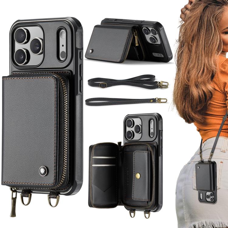 JEEHOOD C22 Serie Reißverschluss-Brieftasche Leder Handyhülle mit doppelter Umhängeschnur, für iPhone 17 Pro Max, für iPhone 17 Pro, für iPhone Air, für iPhone 16 Pro Max, für iPhone 16 Pro, für iPhone 16 Plus, für iPhone 16, für iPhone 15 Pro Max