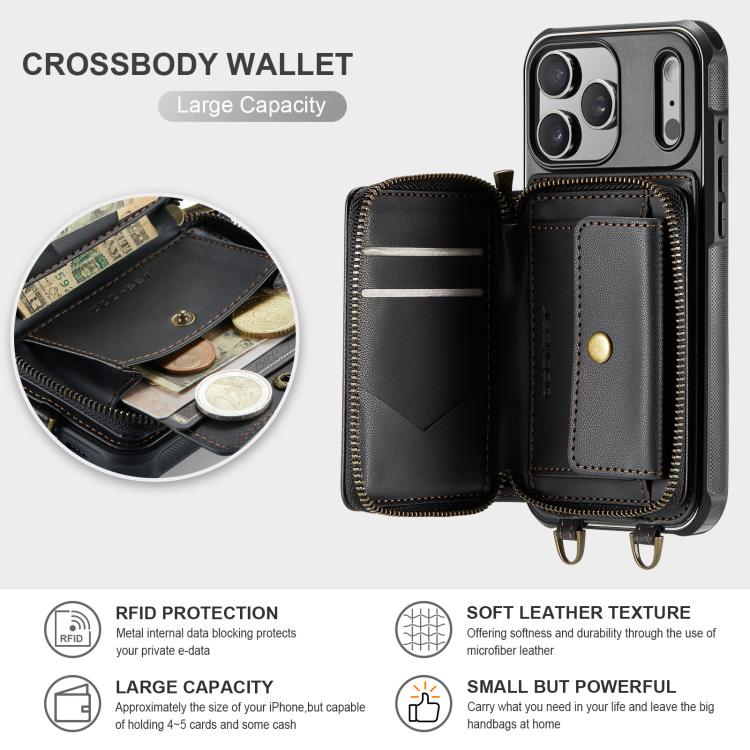 JEEHOOD C22 Serie Reißverschluss-Brieftasche Leder Handyhülle mit doppelter Umhängeschnur, für iPhone 17 Pro Max, für iPhone 17 Pro, für iPhone Air, für iPhone 16 Pro Max, für iPhone 16 Pro, für iPhone 16 Plus, für iPhone 16, für iPhone 15 Pro Max