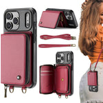 JEEHOOD C22 Serie Reißverschluss-Brieftasche Leder Handyhülle mit doppelter Umhängeschnur, für iPhone 17 Pro Max, für iPhone 17 Pro, für iPhone Air, für iPhone 16 Pro Max, für iPhone 16 Pro, für iPhone 16 Plus, für iPhone 16, für iPhone 15 Pro Max