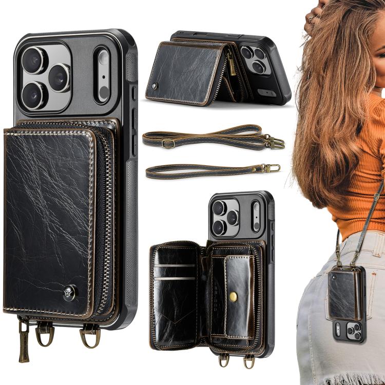 JEEHOOD C22 Serie Reißverschluss-Brieftasche Leder Handyhülle mit doppelter Umhängeschnur, für iPhone 17 Pro Max, für iPhone 17 Pro, für iPhone Air, für iPhone 16 Pro Max, für iPhone 16 Pro, für iPhone 16 Plus, für iPhone 16, für iPhone 15 Pro Max