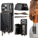 JEEHOOD C22 Serie Reißverschluss-Brieftasche Leder Handyhülle mit doppelter Umhängeschnur, für iPhone 17 Pro Max, für iPhone 17 Pro, für iPhone Air, für iPhone 16 Pro Max, für iPhone 16 Pro, für iPhone 16 Plus, für iPhone 16, für iPhone 15 Pro Max
